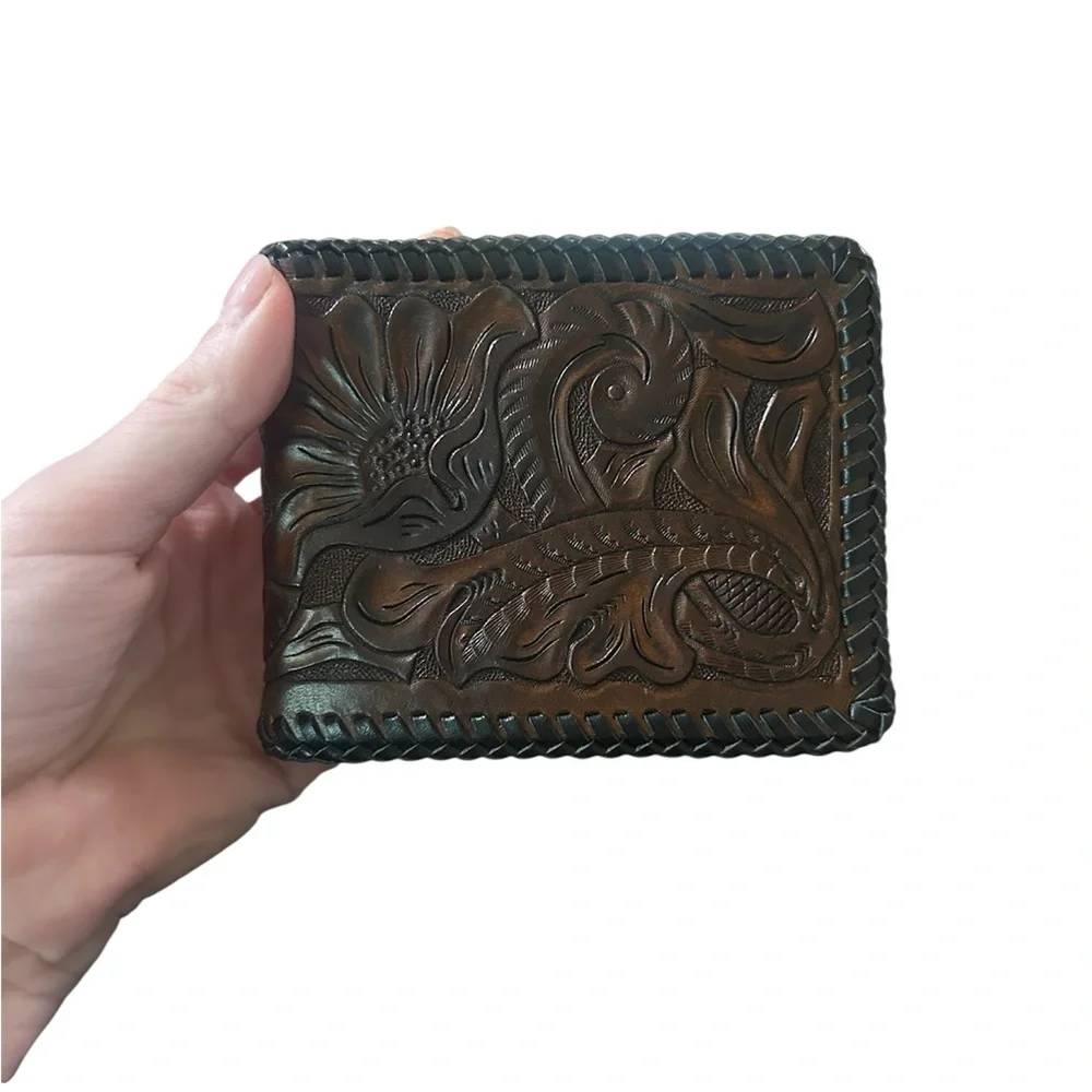 Brown Tooled Western Wallet with Dark Brown Whipstick